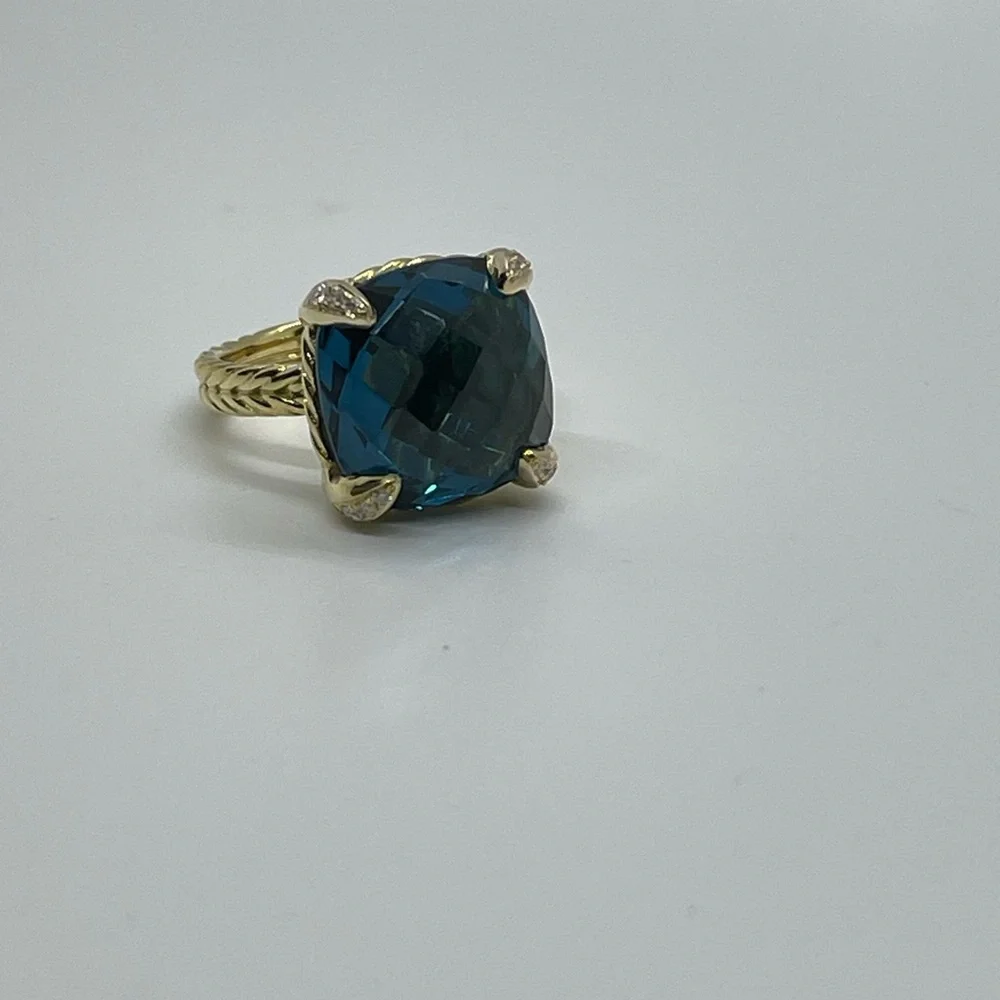 David Yurman Chatelaine Ring 18K Yellow Gold,Hampton Blue Topaz & Diamonds, 14mm - Picture 12 of 16